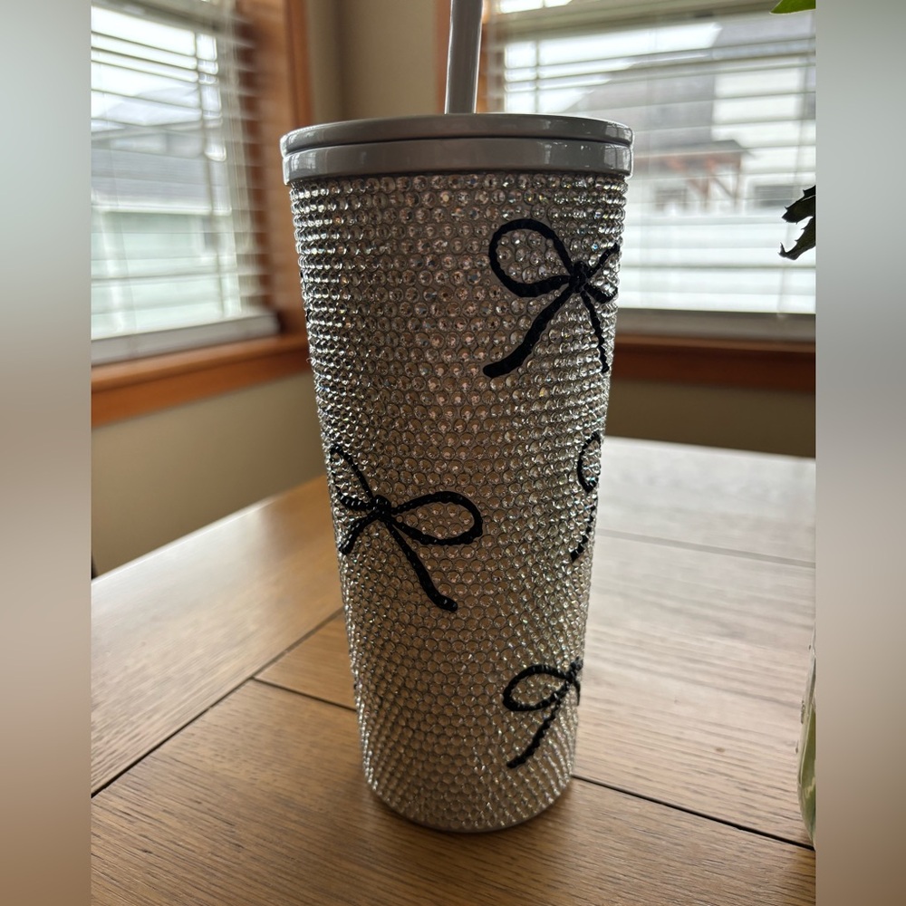 Elegant Sparkling Silver Rhinestone Tumbler with Black Bows